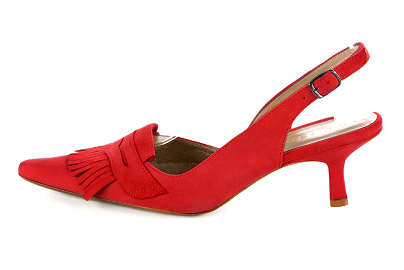 Scarlet red women's slingback shoes. Pointed toe. Medium spool heels. Profile view - Florence KOOIJMAN
